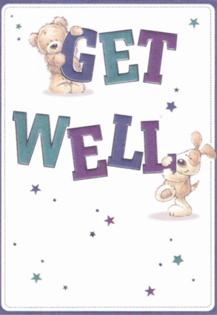 Capturing the heart of a Romford florist's tender craftsmanship, this get well card paints a scene of innocence, hope, and community care. It features two endearing figures-a teddy bear with gently ruffled fur, positioned atop a bold, purple-hued 'GET,' and an energetic puppy with velvety, oversized ears nestled comfortably below, both radiating affection and encouragement. The typography, rendered in gradients of indigo and teal, exudes confident energy, making every letter seem as if it dances joyfully across the card. Scattered star shapes-tiny bursts in blue and violet-flit around the pair, much like ripples of goodwill spreading through Romford's lively neighborhoods. The clean, white background allows both characters and text to shine, evoking the feeling of fresh-cut blooms arranged against a crisp white table in a local Romford flower shop. One can almost sense the comforting softness beneath a gentle hand, recalling the experience of choosing a bouquet with care and thoughtfulness for someone in need. This card's bright, caring mood is perfectly suited for lifting the spirits of anyone recovering in Romford, whether nearby Queen's Hospital or at home on the leafy avenues surrounding Raphael Park. When paired with a fresh bouquet from Flowers Romford, the message is amplified-a beautifully layered expression of love, positivity, and heartfelt support unique to this vibrant East London community.