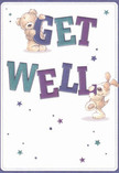 Bright, playful, and full of heart, this illustrated get well card feels like a warm embrace from Romford itself. The centerpiece is a duo of delightful friends: a soft-furred teddy bear balancing atop the upbeat word 'GET,' eyes sparkling with encouragement, while a sweet, floppy-eared pup lovingly steadies the bold 'WELL.' Their gentle, rounded shapes invite a sense of touch-soft and reassuring, much like stroking the petals of freshly delivered Romford blossoms. The words leap forward in lush purples and tranquil teals, creating a visual harmony echoed by the fanciful stars scattered throughout the scene-each a little burst of hope inspired by Romford's open skies. Behind them, a pristine white background suggests both clarity and a clean slate for healing, akin to the morning sunlight on South Street. Every illustrational detail is imbued with a nurturing spirit, reminding one of the careful hands that tie each bouquet just minutes away at Flowers Romford's local shop. The overall scene sends not just wishes for swift recovery, but a heartfelt message of genuine care-a playful reminder that even in trying moments, the warmth and compassion of Romford are always close at hand, ready to lift a loved one's spirits.
